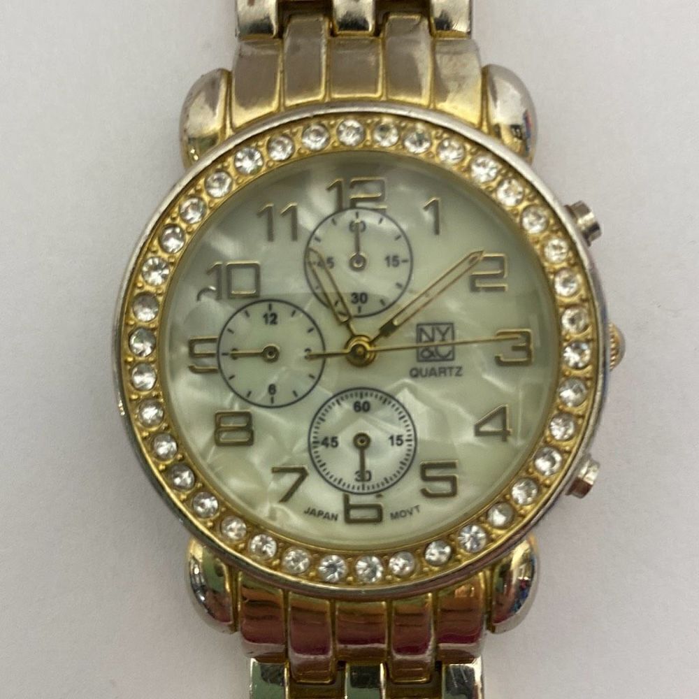 NY & Co Women's Gold Tone Metal Link Bracelet Band Rhinestone Wristwatch